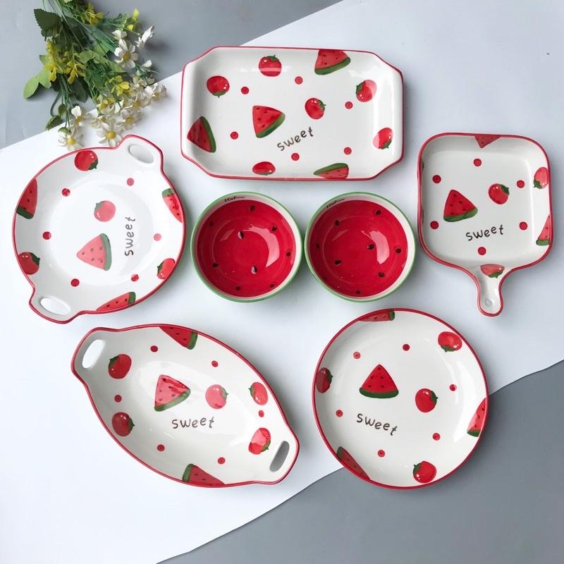 Bát Sứ Đĩa Sứ Set Đồ Ăn Hoạ Tiết Dưa Hấu Cực Bắt Mắt