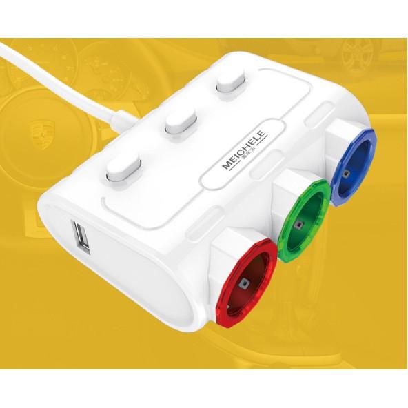 Bộ chia nguồn ô tô Meichele cao cấp 3 Tẩu - 2USB LCD