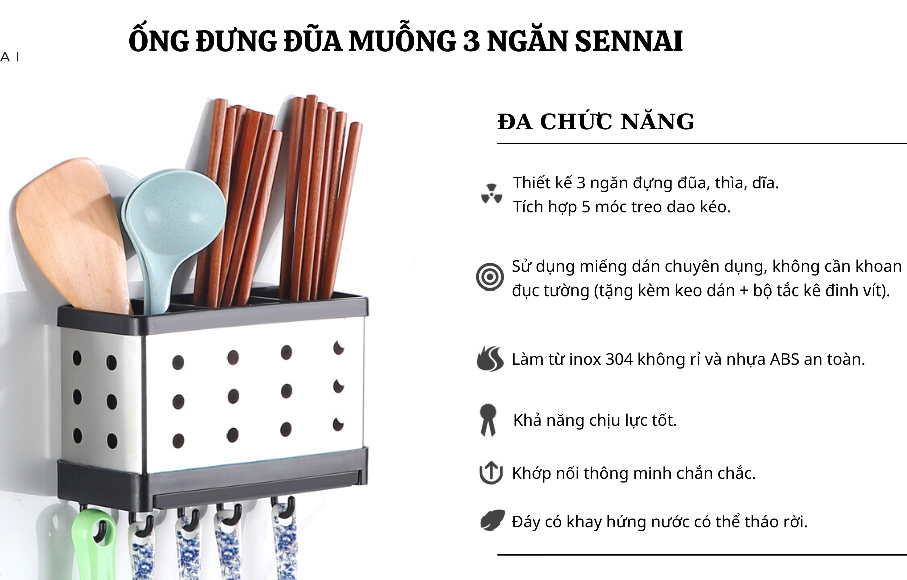 Đựng Đũa Muỗng Inox 304 3 Ngăn  Có Khay Hứng Nước -  Kèm Móc Treo Đồ Đa Năng