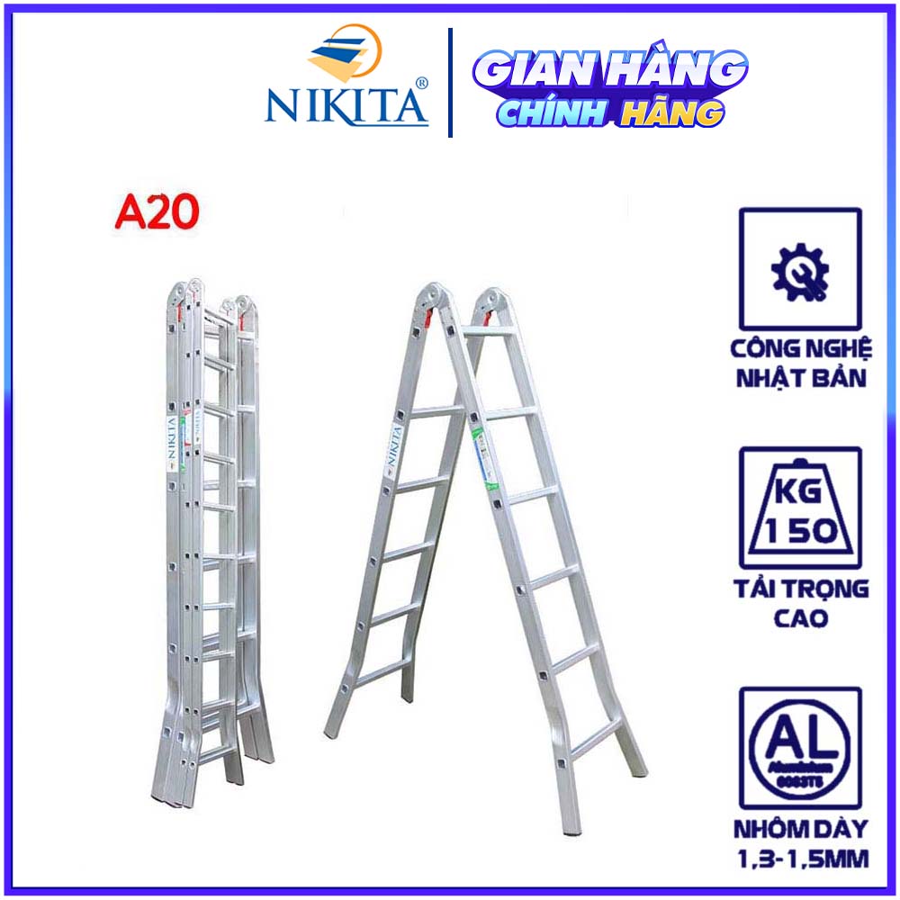 Thang nhôm chữ A, khóa sập tự động, bậc thang đột 3 nấc chắc chắn - Hàng chính hãng NIKITA 2024