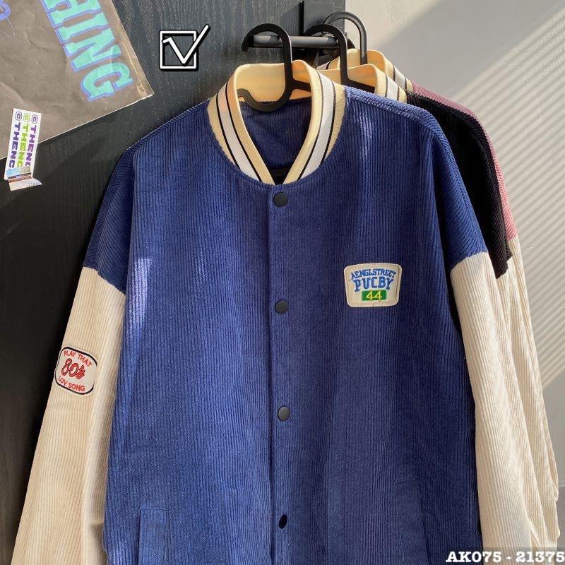 Áo khoác bomber nhung gân thêu logo puc.by 44 form rộng Couple jacket Varsity