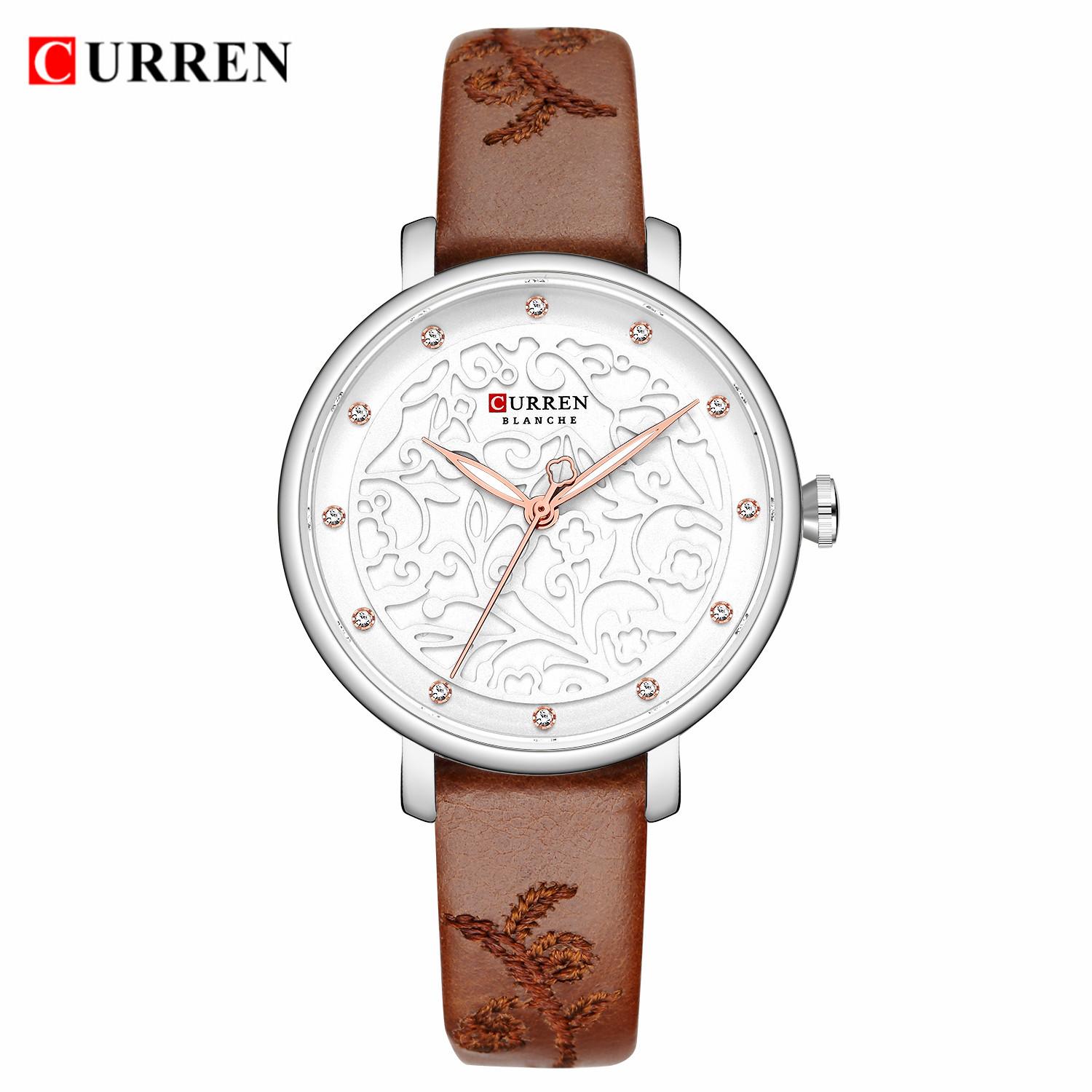 Đồng hồ đeo tay nữ thạch anh CURREN 9046 Chạm khắc hoa với PU giả da - Bạc - Dây đeo bằng thép không gỉ