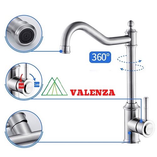 Combo chậu rửa bát 1 hố Valenza sus304 6045, vòi rửa bát nóng lạnh cổ điển, xả, rổ, bình xà phòng