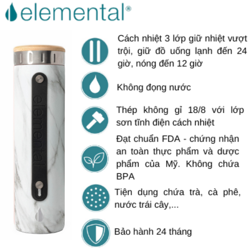 [Hàng chính hãng – Thương hiệu Mỹ] Bình giữ nhiệt Elemental Iconic màu vân đá 590ml, giữ nhiệt vượt trội, inox 304, FDA Hoa Kì, An toàn sức khỏe, có lưới lọc