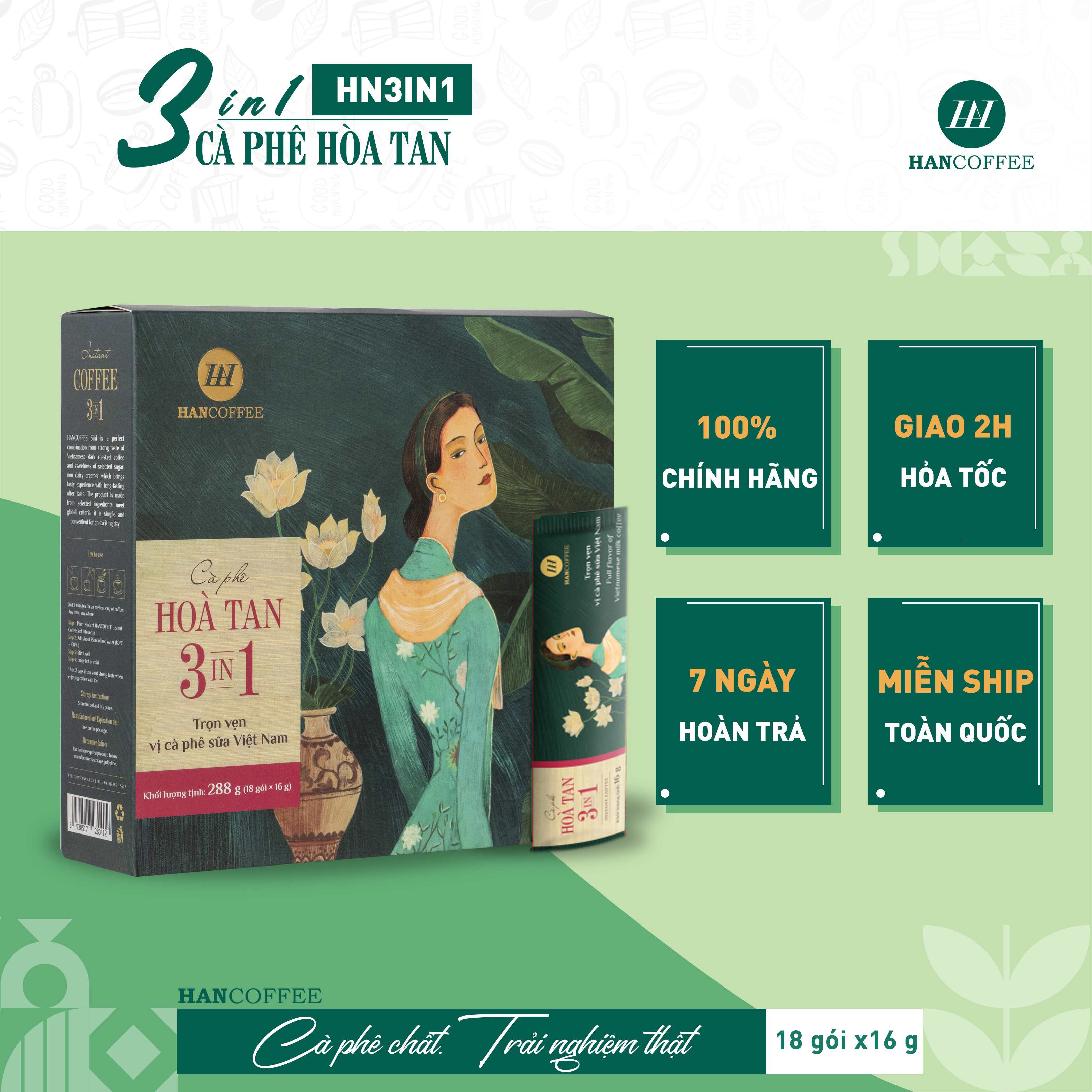 Cà Phê Hòa Tan 3IN1 Sấy Lạnh HANCOFFEE Ngọt Nhẹ, Đắng Dịu, Thơm Mùi Sữa Hộp 18 gói - HN3IN1