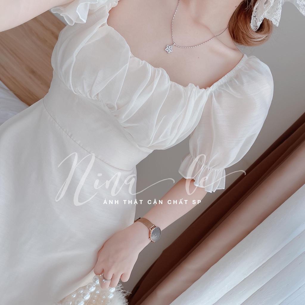 Đầm nữ dạ tiệc màu trắng tinh khôi cổ Vuông xếp ly 2 lớp thích hợp cho nàng dạo phố, dự tiệc