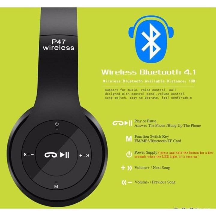 Tai Nghe Chụp Tai Bluetooth P47 Cao Cấp Có Khe Thẻ Nhớ, Nhỏ Gọn - Bảo Hành 6 tháng