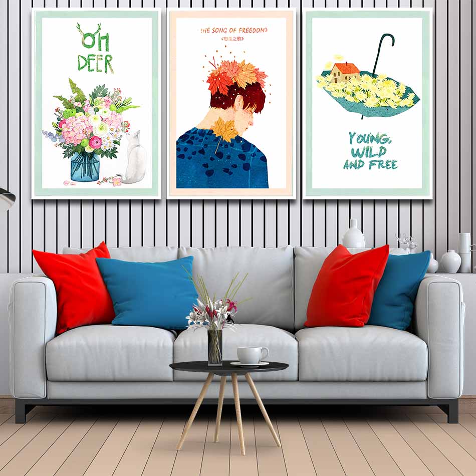 Bộ 3 tranh canvas treo tường Decor Trang trí cách điệu, phong cách lãng mạn, dễ thương - DC090