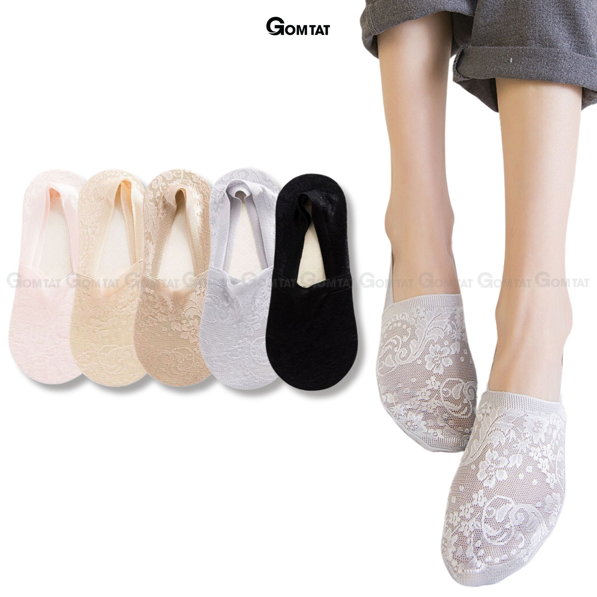 Tất nữ đi giày búp bê có bo thun chống tuột gót, vớ lười nữ chất liệu lụa phối ren cao cấp - LUAREN-PO-3028-1DOI
