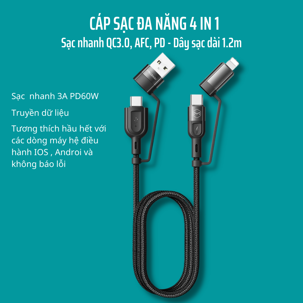 Cáp Sạc Đa Năng 4 Trong 1 Mcdodo CA-8070 USB A To USB C / Lighting Type C to C / Lighting Truyền Dữ Liệu Sạc Nhanh QC AFC PD 60W 3A dài 1.2m – Hàng Chính Hãng