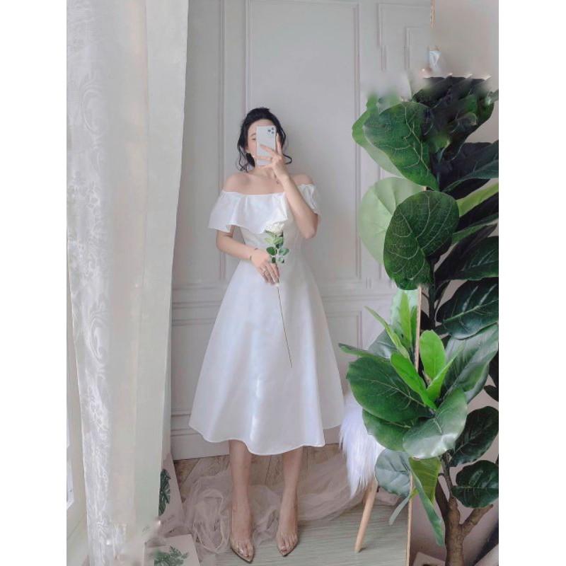 Đầm váy nữ xòe bẹt vai bèo có 3 màu TKN