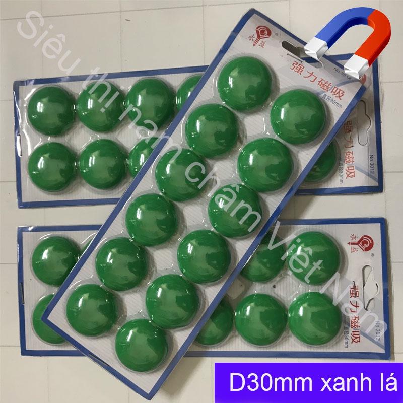 Vỉ nam châm 12 viên đính bảng siêu dính kích thước 30mm màu xanh lá