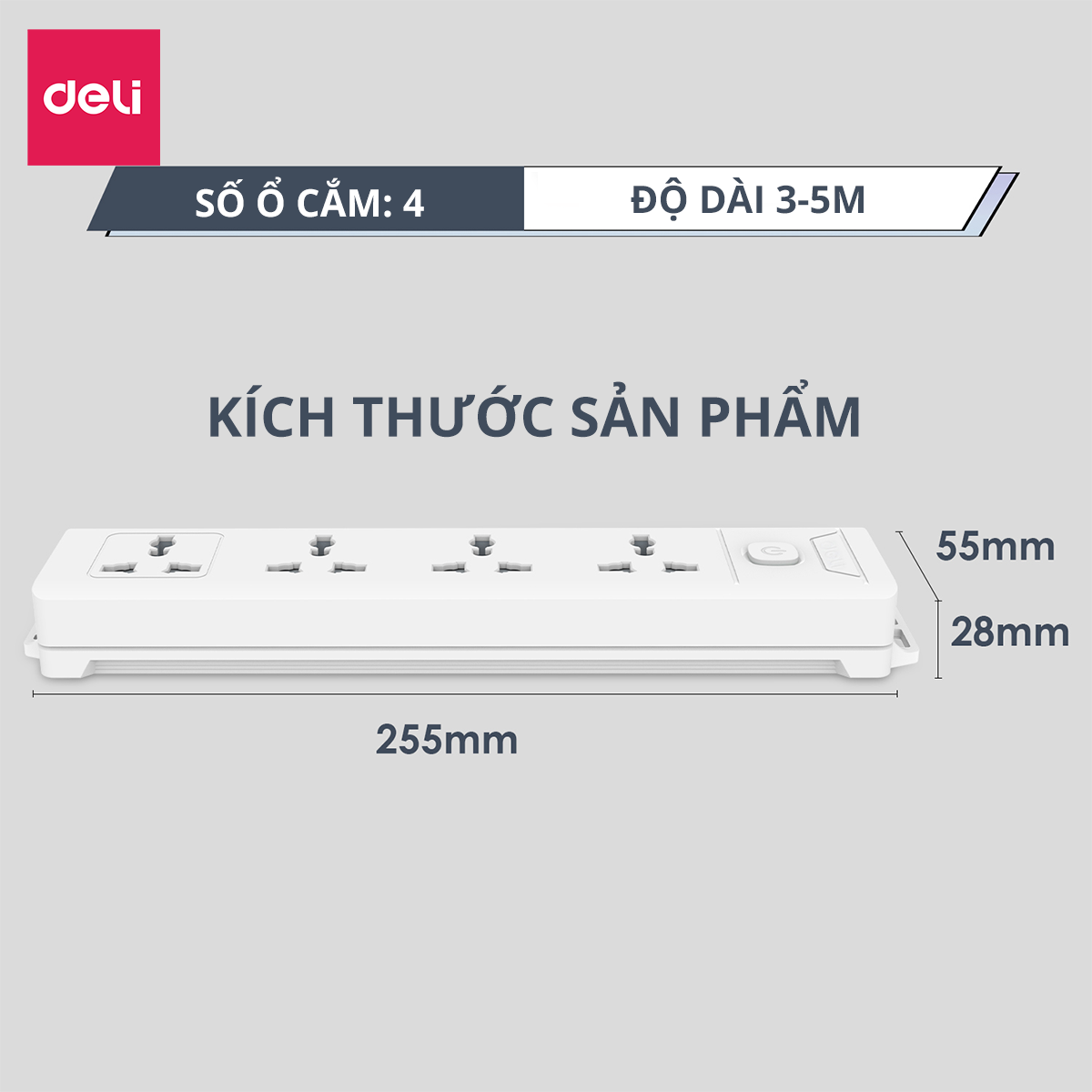 Ổ Cắm Điện Đa Năng Kèm Cổng USB Có Công Tắc Tải 2500W Nắp Chống Giật Chống Cháy Chất Lượng Cao Deli - Dây 2M/3M/5M - ET401 411