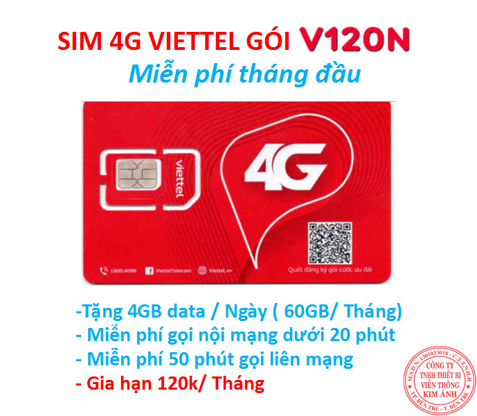 Sim 4G Viettel gói V120Z, V120N, UMAX50N, MP50 có 4GB Ngày 120GB /Tháng miễn phí gọi nội mạng, Hàng chính hãng