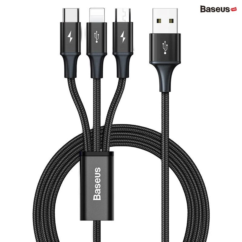 Cáp Sạc 3 Đầu Siêu Bền Baseus Rapid Series 3-in-1 USB to Type C/ IP/ Micro - hàng chính hãng