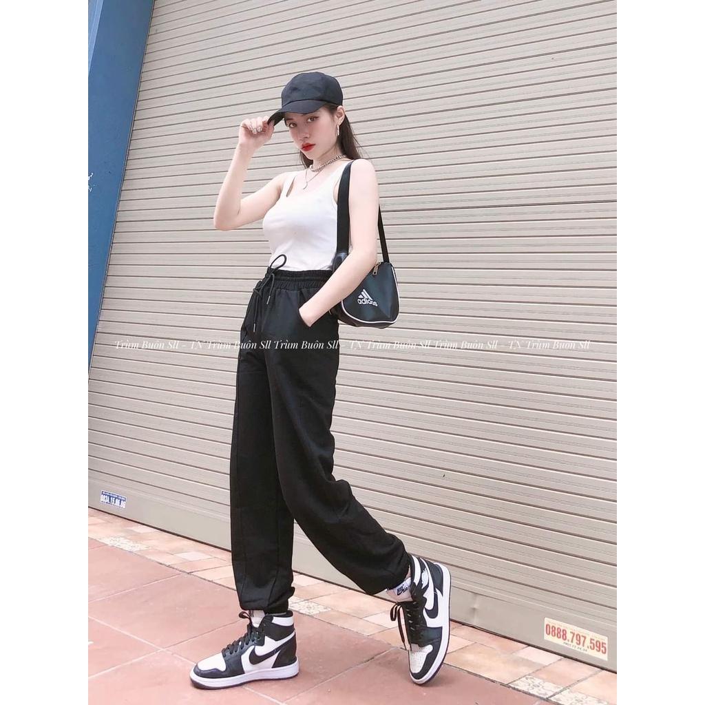 Quần jogger nữ bo gấu gân giữa vải thun da cá - Quần Harem lưng cao ống rộng phong cách Ulzzang bo gấu gân giữa
