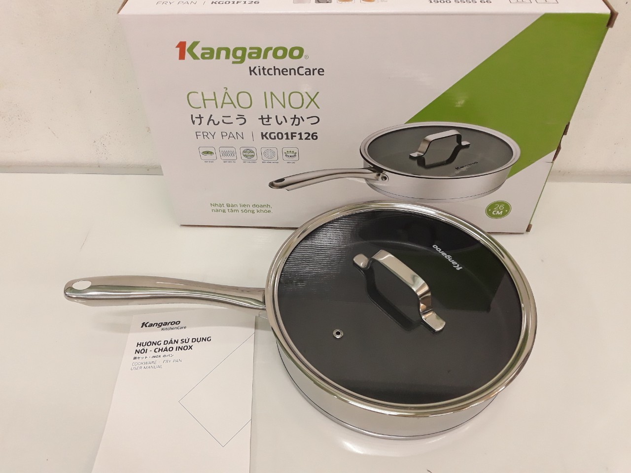 Chảo inox chống dính đáy từ nắp kính 26 cm Kangaroo KG01F126 hàng chính hãng