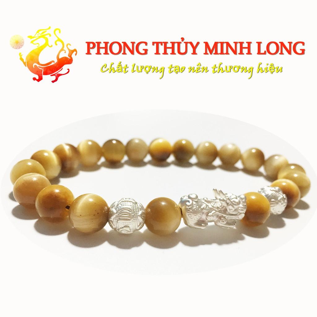 Vòng tay đá Mắt Hổ Vàng Tâm chất lượng 5A mix Tỳ Hưu và 2 Hạt Kim Tiền Bạc hợp mệnh Thổ và mệnh Kim