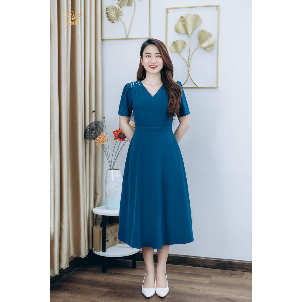 Đầm xòe thiết kế trung niên sang trọng quý phái Cổ tim tay ngắn kết đá màu Xanh cổ vịt TTV STORE TTV1250
