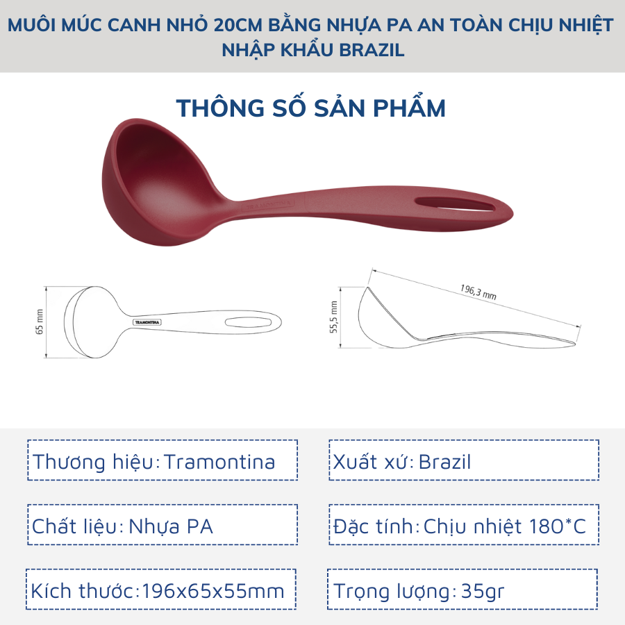 Muôi Múc Canh Nhỏ Tramontina 20cm Bằng Nhựa PA An Toàn Chịu Nhiệt Nhập Khẩu Brazil