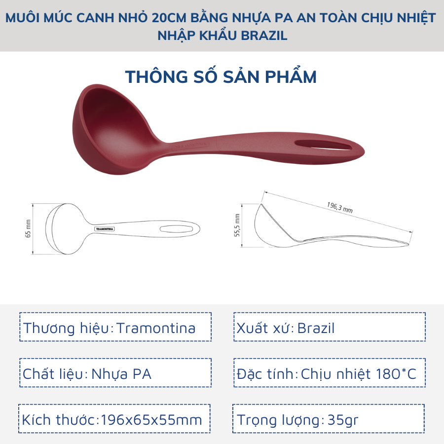 Muôi Múc Canh Nhỏ Tramontina 20cm Bằng Nhựa PA An Toàn Chịu Nhiệt Nhập Khẩu Brazil