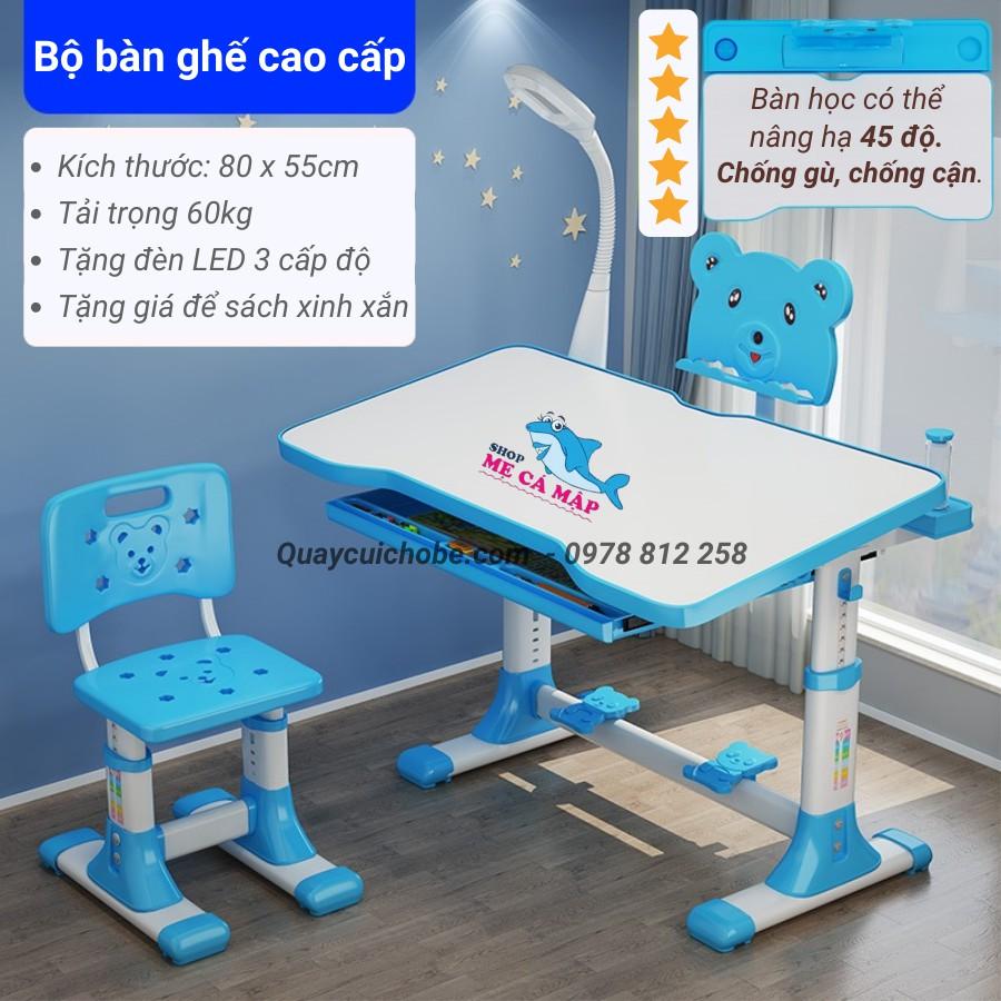 Bàn học sinh chống gù chống cận, KÈM GHẾ + ĐÈN LED + GIÁ SÁCH, bàn học thông minh trai bé gái nâng cấp