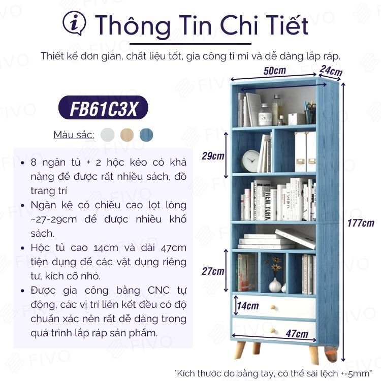 Giá Sách Đa Tầng Gỗ MDF FIVO FB61 (50 x 24 x 177cm) Dễ Dàng Lắp Ráp (Có Hộc Kéo)- Hàng Chính Hãng