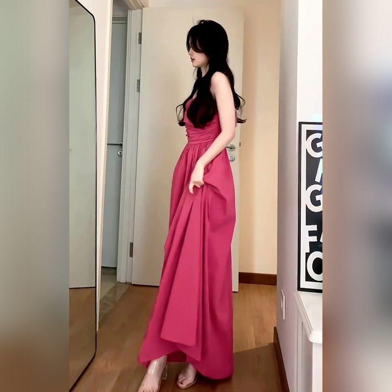 TOBE1SHOP Tea Break French Rose Sling Dress Trẻ em mùa hè 2023 Thắt lưng lộ ra váy dài nghỉ mát bên bờ biển gầy