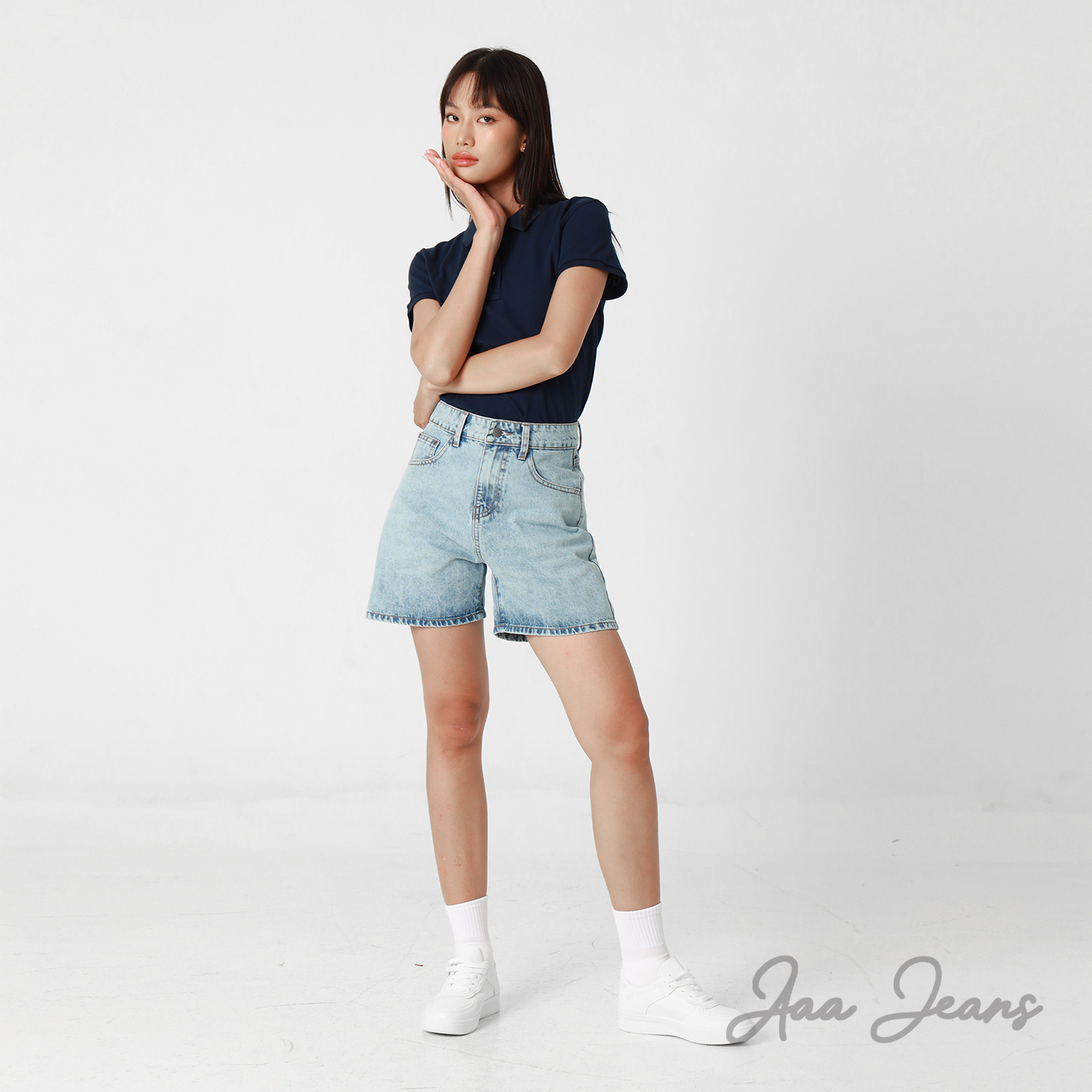 Quần short jean nữ ngắn lưng cao regular fit Aaa Jeans