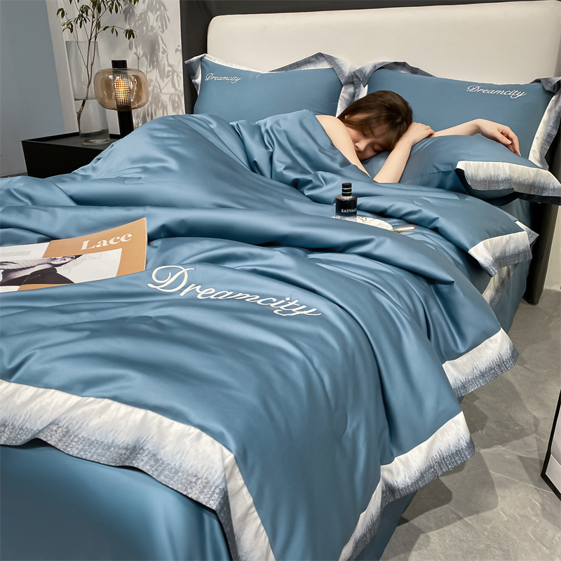 Bộ Chăn Ga Gối Mùa Hè Dream City Bo Viền Chăn Ga Drap Gối Trải Phủ Giường Cao Cấp Herena