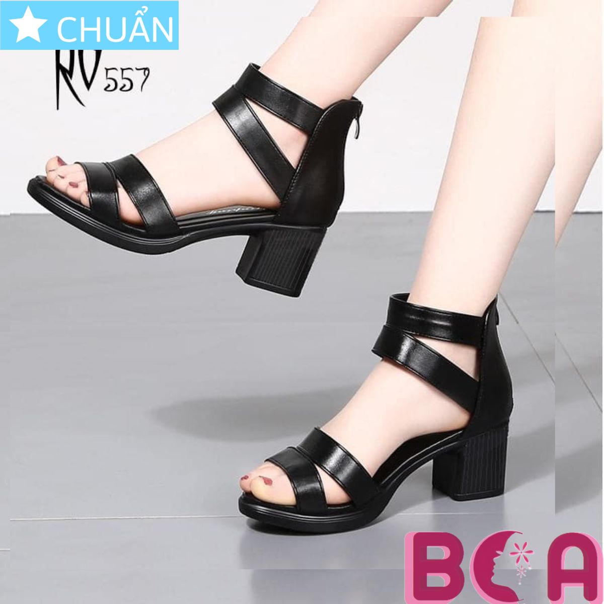 Giày sandal nữ 5p RO557 màu đen ROSATA tại BCASHOP thiết kế độc đáo với dây kéo phía sau kiểu giả bốt, đế sần thời trang