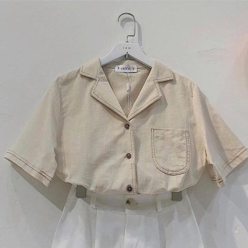 Áo sơ mi kiểu nữ cộc tay cổ vest viền chỉ freesize, Áo sơ mi nữ ngắn tay thô đũi - myl.fashion