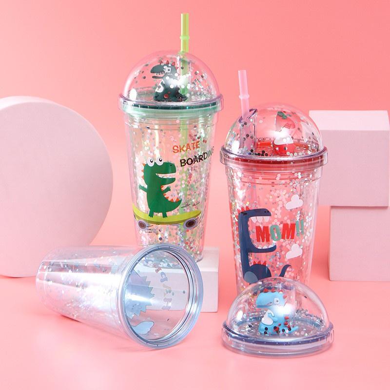 LY ĐỰNG NƯỚC PHA LÊ HÌNH KHỦNG LONG 2 LỚP CÁCH NHIỆT 450ML XINH XẮN KÈM ỐNG HÚT TIỆN LỢI