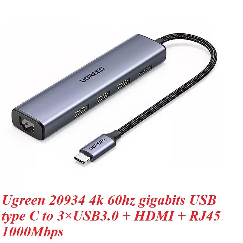 Ugreen UG20934CM475TK 4k 60hz 5 trong 1 Gigabits Type C sang 3 × USB3.0 + HDMI + RJ45 1000Mbps Bộ chuyển đổi - HÀNG CHÍNH HÃNG