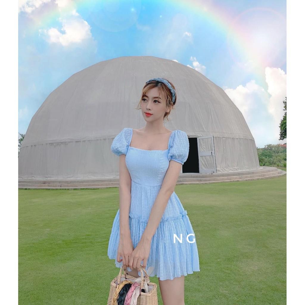 Đầm Xòe Tay Phồng Tùng Nhún Tầng Cột Dây Sau Lưng