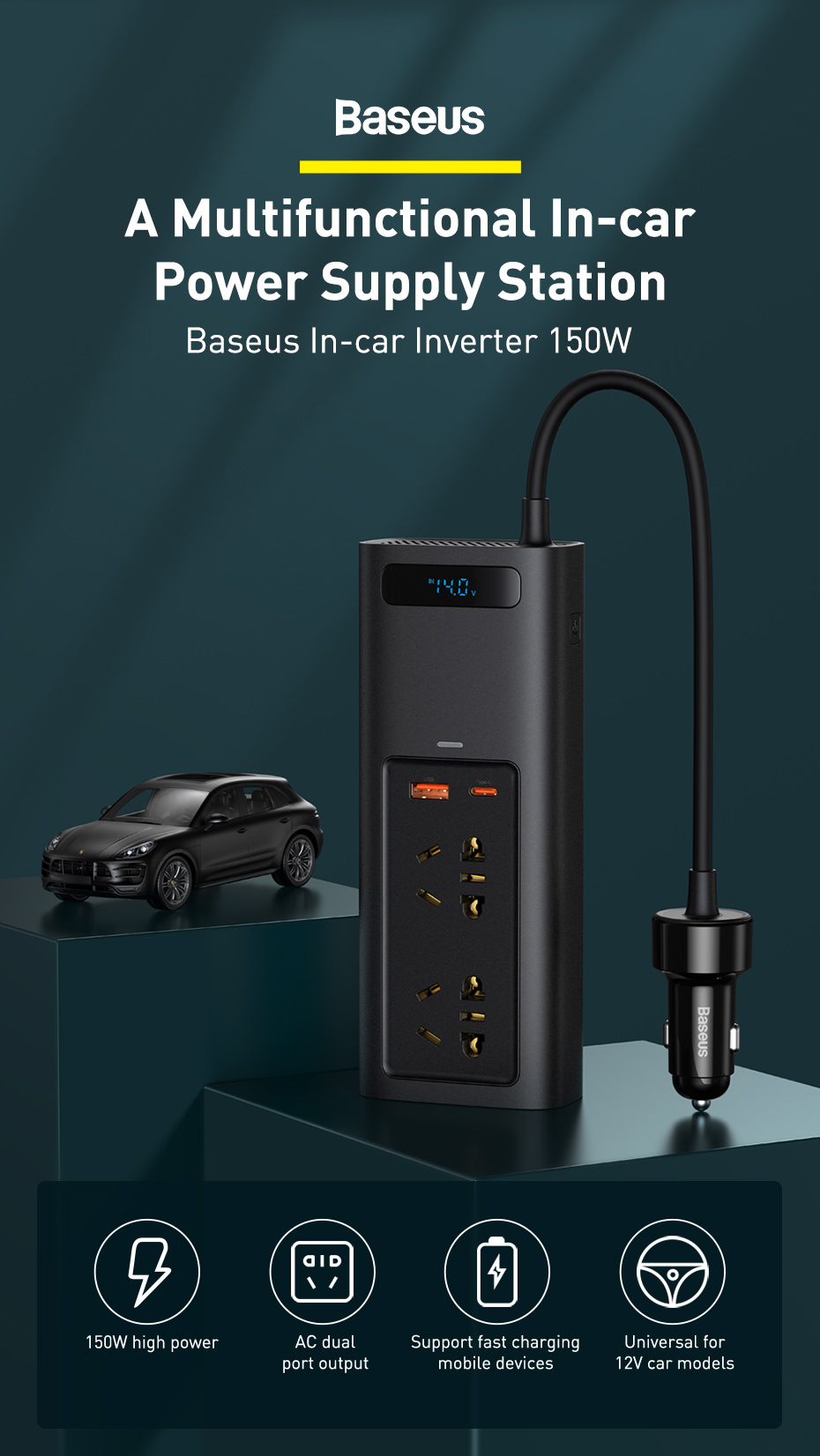 Bộ chuyển đổi nguồn điện 12V ra 120V - 150W trên ô tô Baseus Power Inverter 150W - Hàng chính hãng