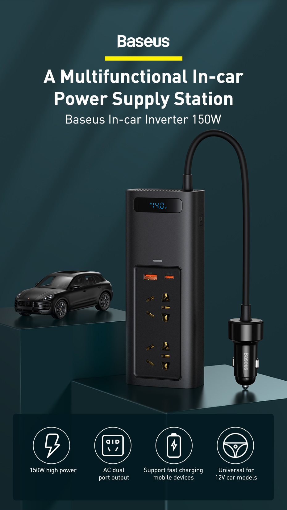 Bộ sạc chuyển nguồn điện ô tô Baseus 150W In-car Inverter loại 220V(CN/EU) và loại 110V(US/JP) - Hàng chính hãng