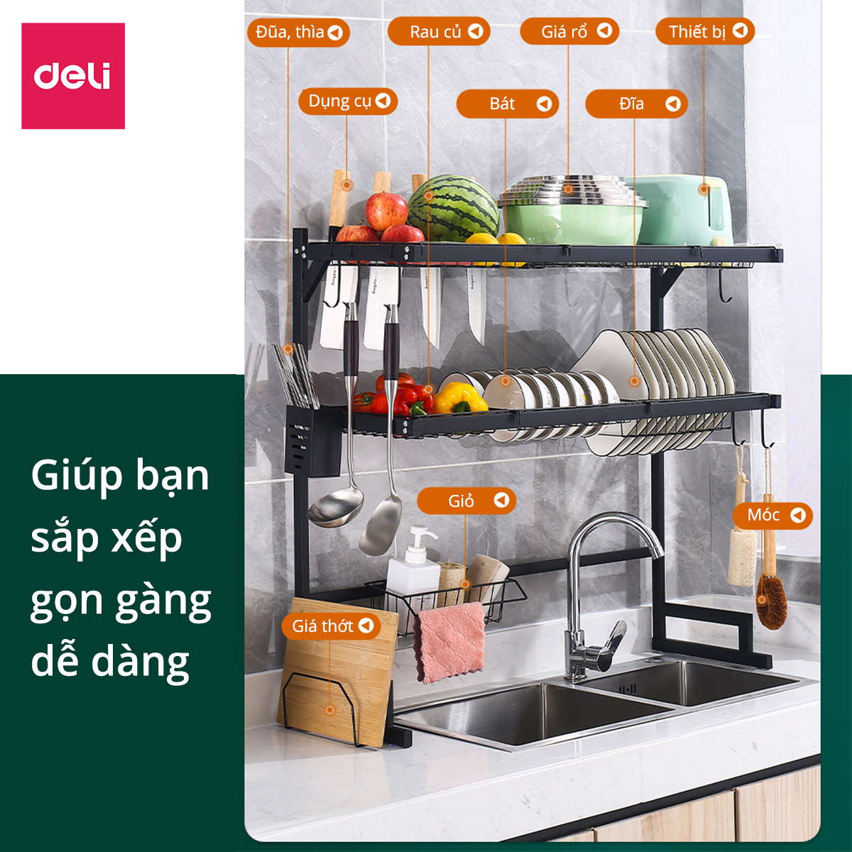 Kệ Chén Bát Nhà Bếp Đa Năng Deli - Chống Xước Sơn Đen Tĩnh Điện Giá Úp Bát Trên Bồn Rửa Ráo Nước - Kèm Các Phụ Kiện Treo Ống đũa, Dao Kéo, Có Thể Kéo Dãn Thông Minh Tuỳ Loại - Nhiều Kích Cỡ - VS700