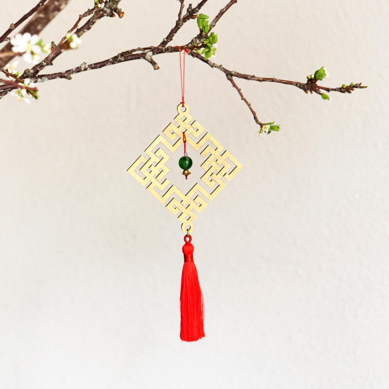 Bộ 11 dây treo trang trí Tết, phụ kiện handmade bằng gỗ sơn đỏ sang trọng , treo Mai, Đào, Lan- COMBO MIX11