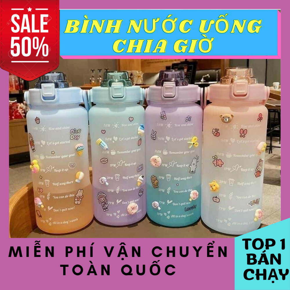 Bình đựng nước 2L dễ thương chia vạch báo giờ nhắc uống nước tập thể thao,tặng Sticker bình nước 2lit có ống hút tiện lợi