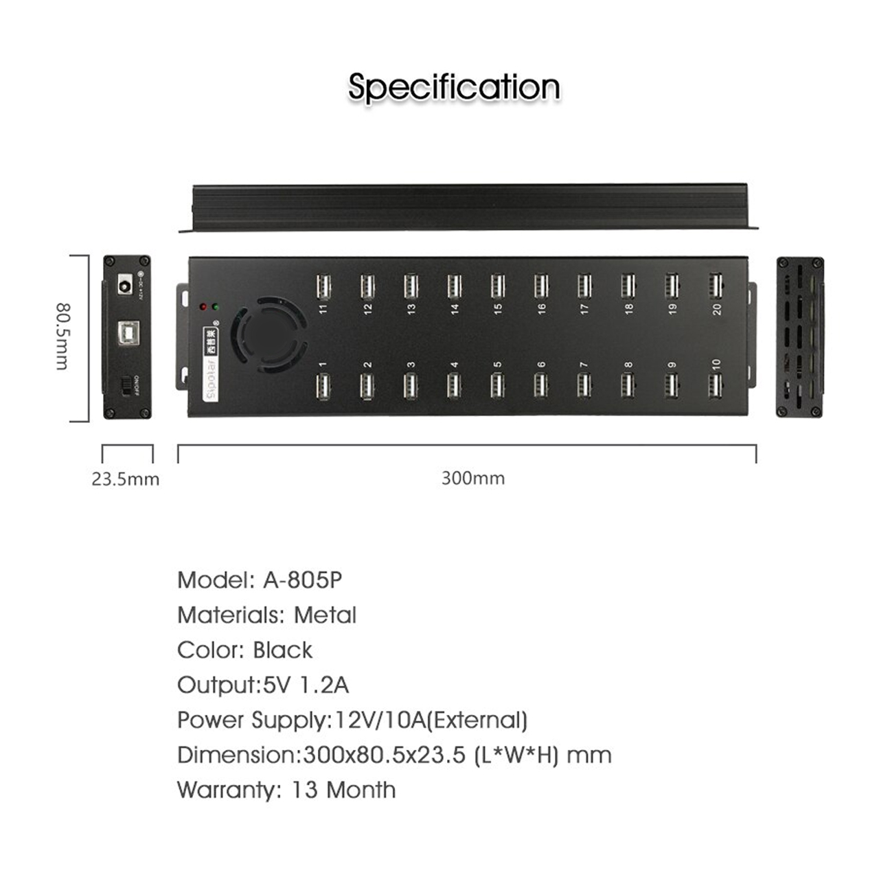 Hub usb 20 cổng Vinetteam Sipolar A-805P hỗ trợ 20 thiết bị USB (dcom 3g 4g), cung cấp nguồn 1.2A cho mỗi cổng để sạc nhanh cho điện thoại, iPad và máy tính bảng với bộ nguồn 12V/10A - hàng chính hãng