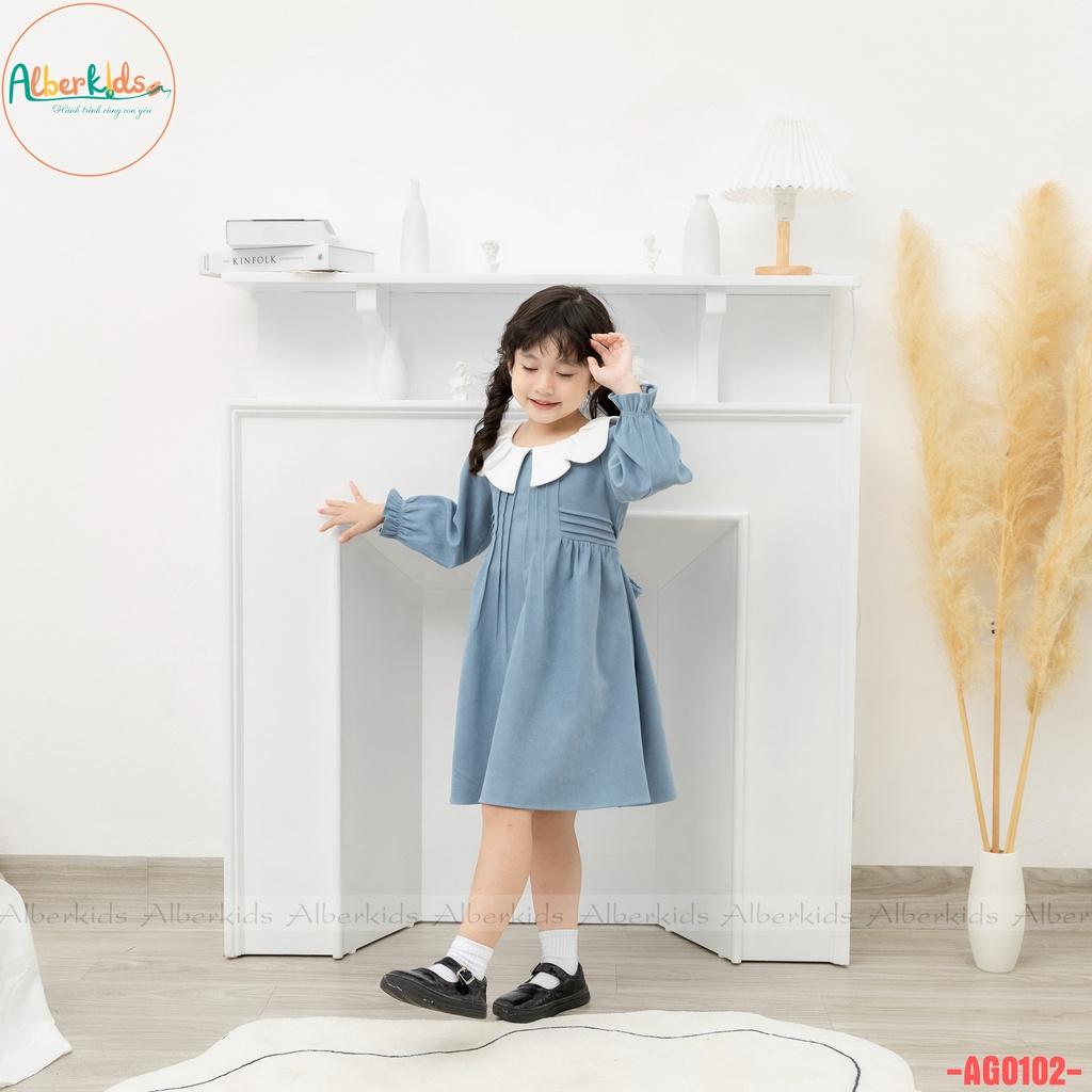 Váy bé gái ALBER KIDS tay dài xanh phối cổ trắng xinh đẹp cho trẻ em 2,3,4,5,6,7,8,9,10,11,12 tuổi AG0102