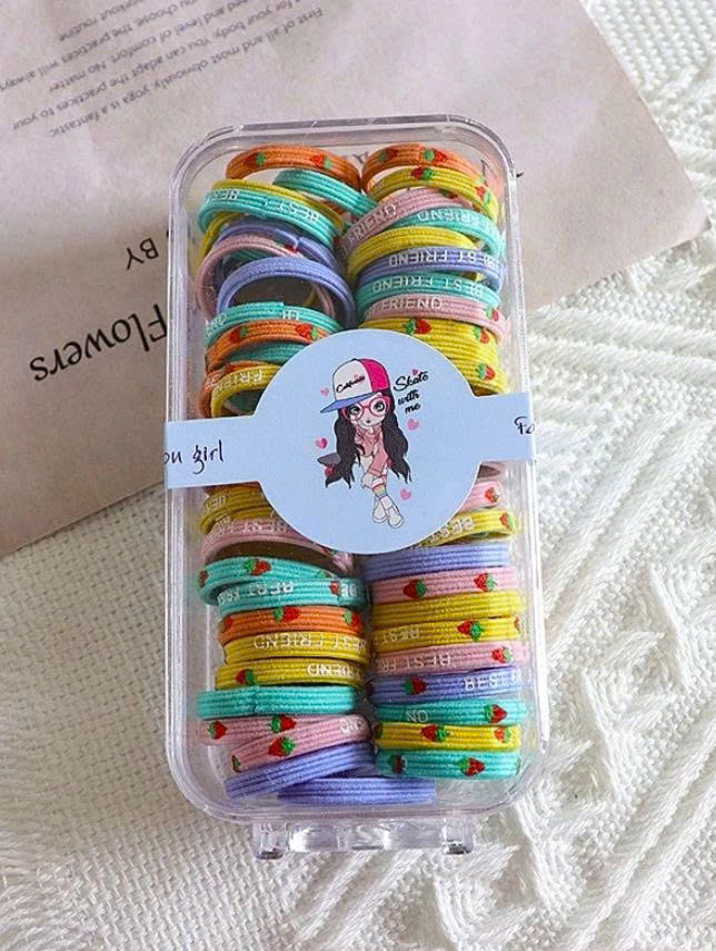 Hộp 60 dây buộc tóc cao su co giãn tốt không đau cho bé, hộp dây chun buộc tóc
