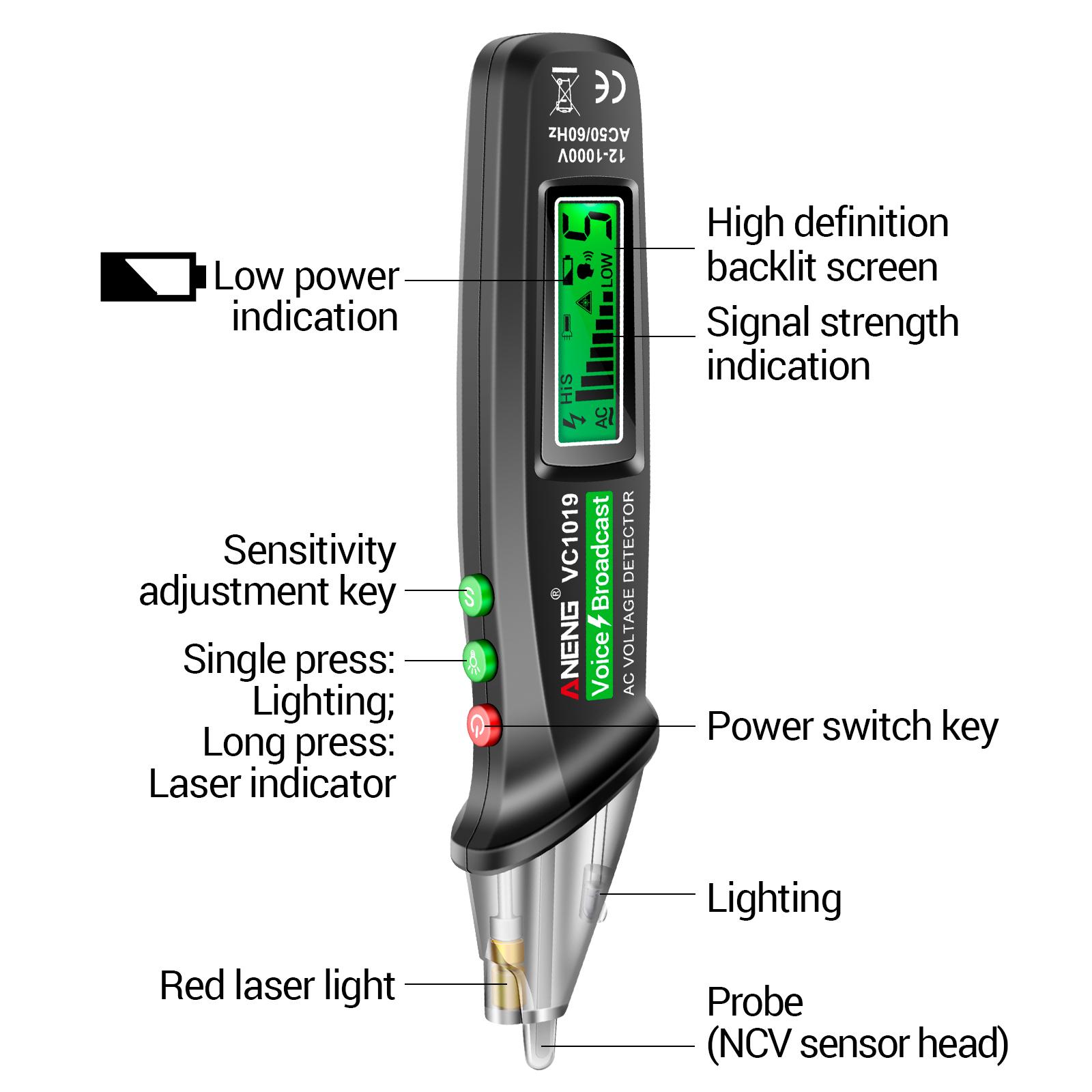 ANENG VC1019 LCD Digital Test Pen Non-contact Voice Broadcast Tester Pen Sensitivity Adjustable with Laser Indicator Sound/Light Alarm Flashlight