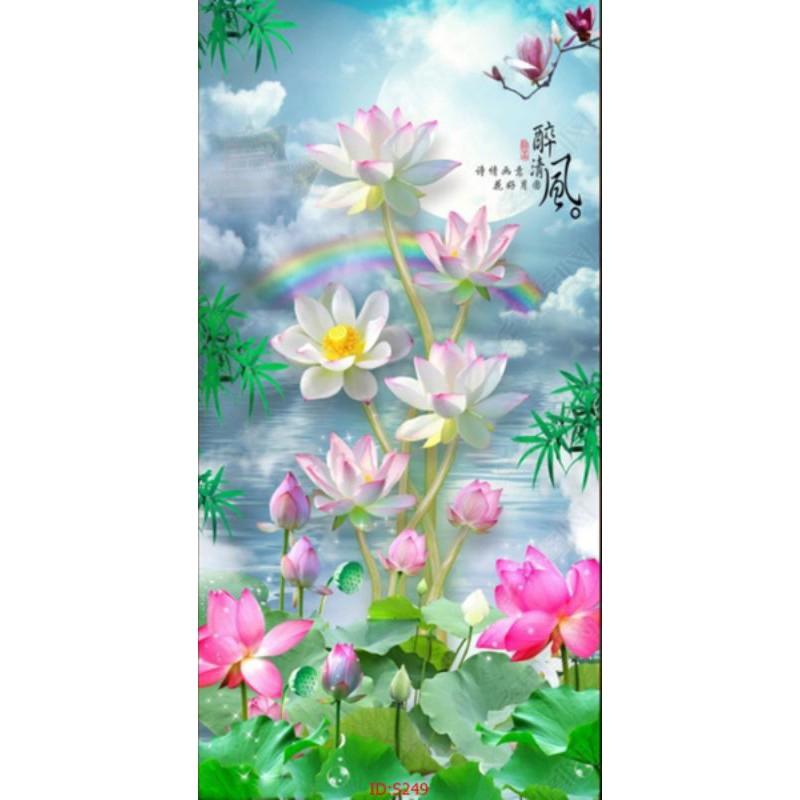Tranh dán tường Tranh Sen cá cửu ngư bình an, Tranh dán tường 3d hiện đại