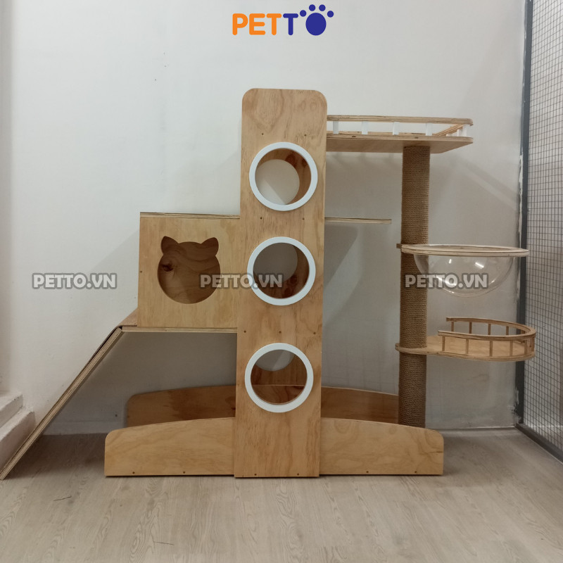 Cattree cho mèo PETTO nhà cây cho mèo bằng gỗ SIÊU TO có CẦU TUỘT thoải mái leo trèo CH048