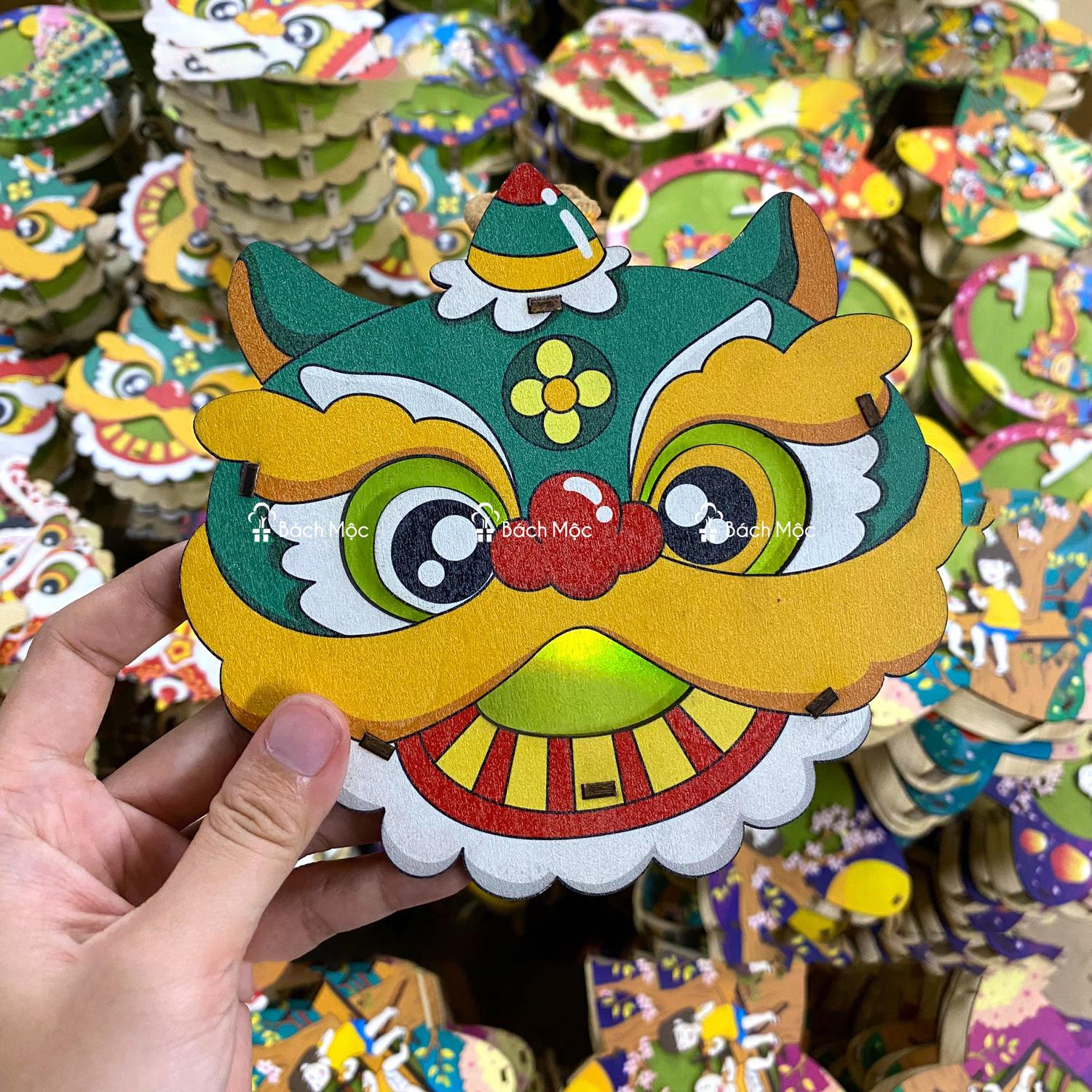 Lồng Đèn Trung Thu Gỗ 2 Mặt Màu - Bách Mộc - Đầu Lân