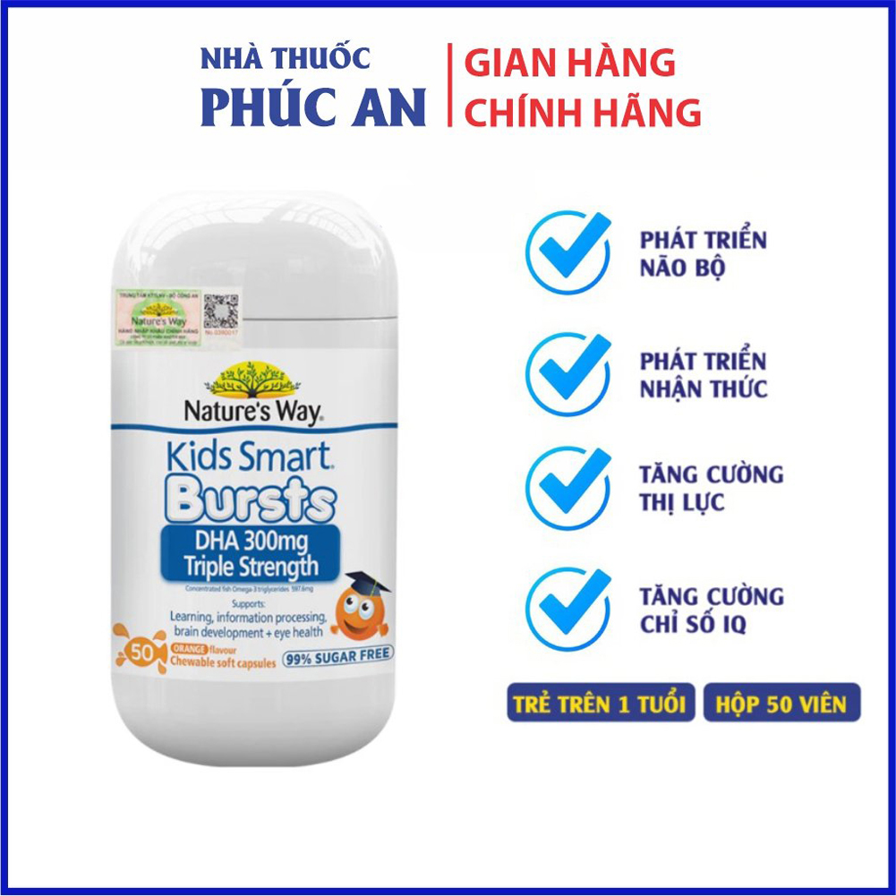 Viên nhai bổ sung DHA cho bé Nature's Way Kids Smart DHA 300mg Triple Strength 50 viên giúp phát triển trí não