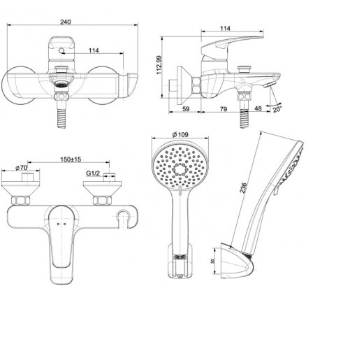 Vòi sen tắm nóng lạnh gắn tường American Standard - Milano WF-0911