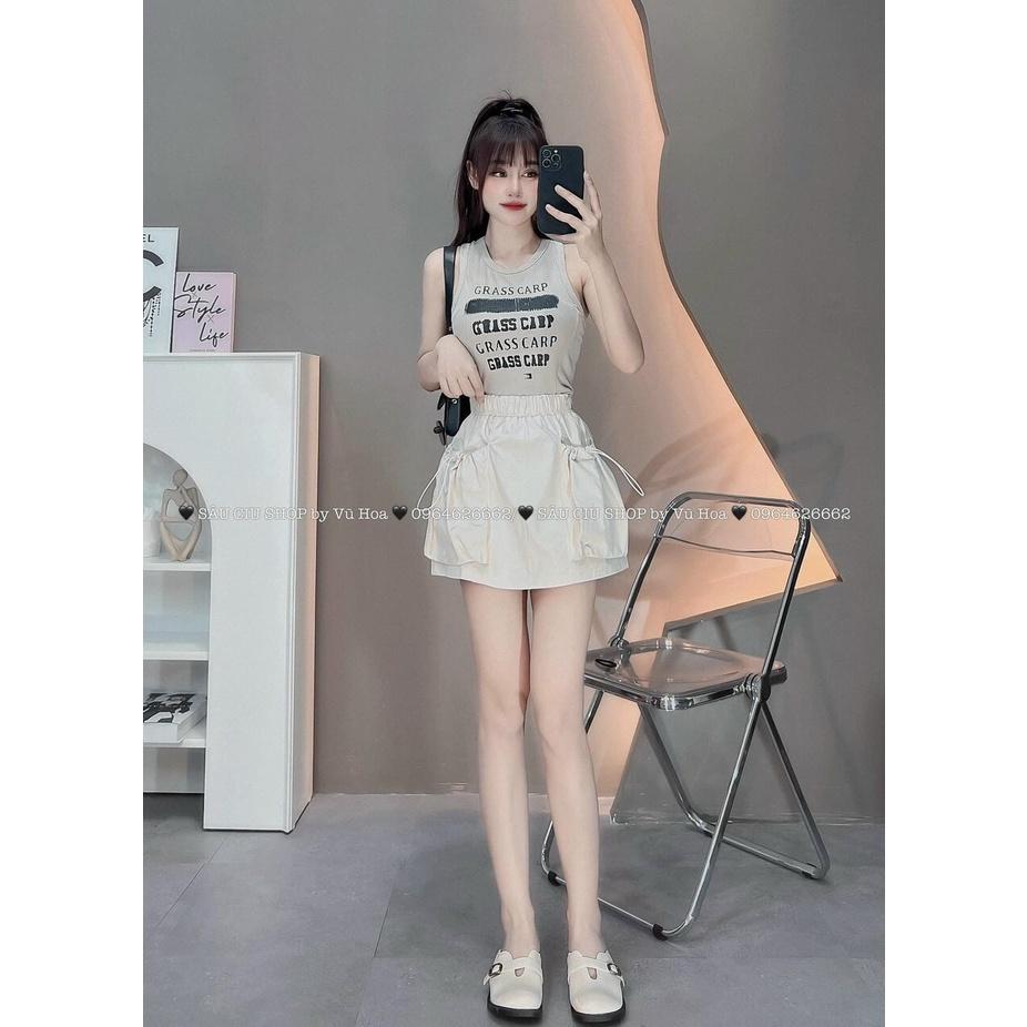 SET ĐI CHƠI, SET 2 MÓN ÁO THUN BA LỖ PHỐI CHÂN VÁY TÚI RÚT CỰC TRẺ TRUNG